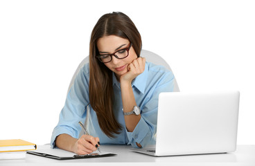 A beautiful woman working at the office, isolated on white