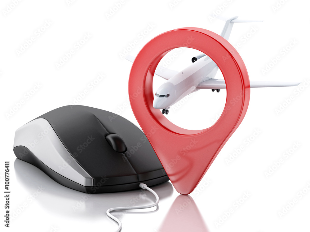 Aufkleber 3d airplane, map pointer and computer mouse.