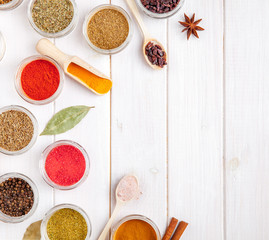 Spices on white wooden background. Food
