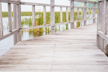 Closeup to wooden walkway in lake.