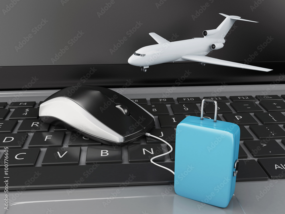 Poster 3d travel suitcase and airplane on computer keyboard.