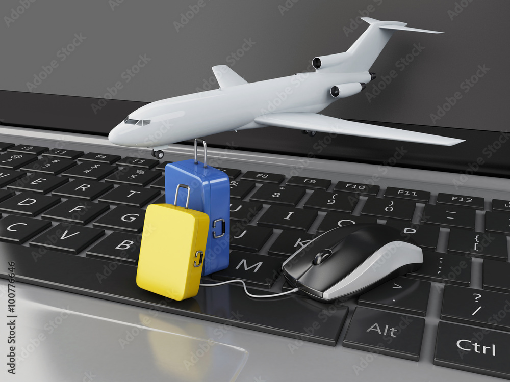 Aufkleber 3d travel suitcase and airplane on computer keyboard.