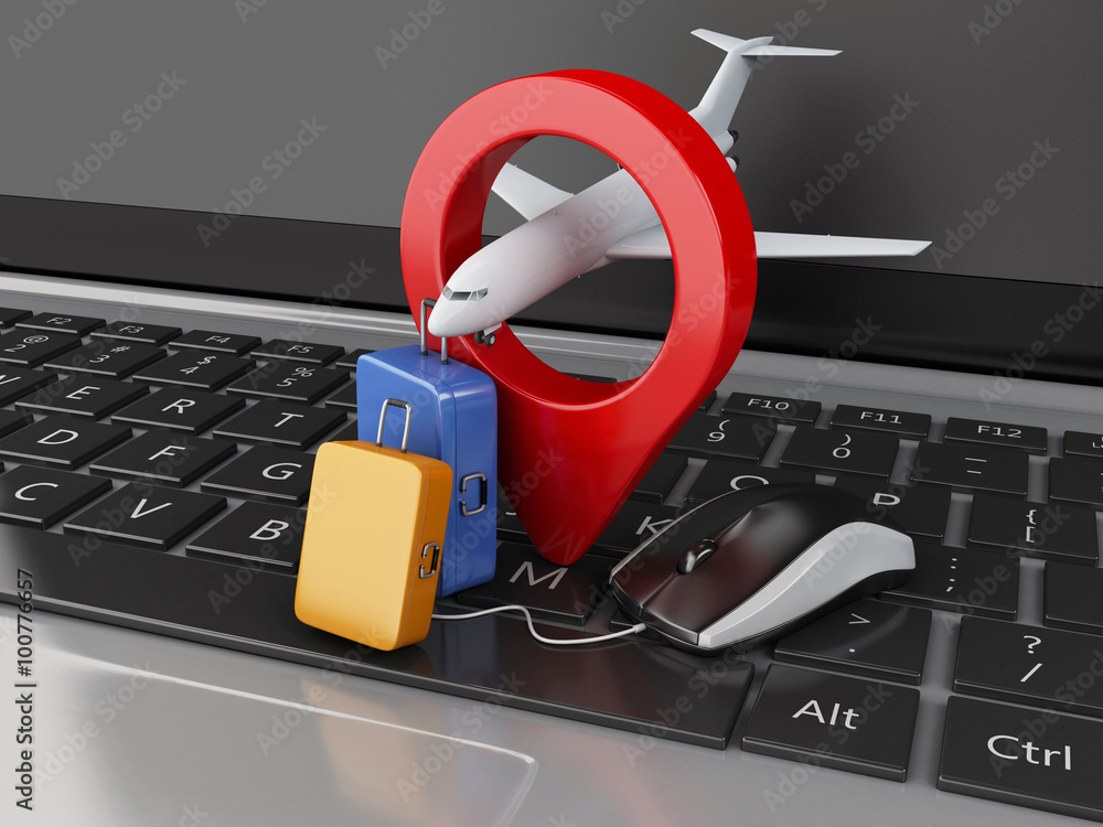 Aufkleber 3d travel suitcase and airplane on computer keyboard.