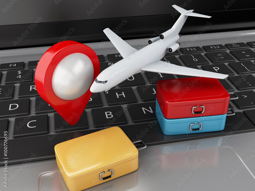 Poster 3d travel suitcase and airplane on computer keyboard.