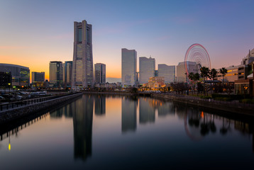 View of Yokohama city at sunset in Japan
