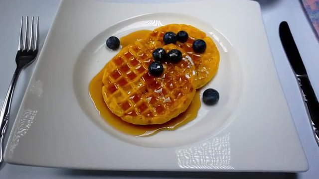 Breakfast Waffles blueberries and syrup 4k