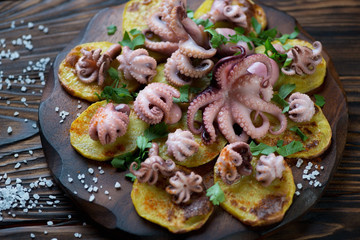Close-up of galician style octopuses with baked potatoes