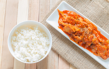 Korean stir-fried pork with kimchi and rice.