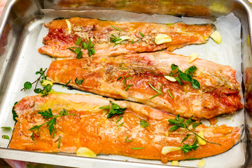 Salmon trout ready to be cooked in the oven