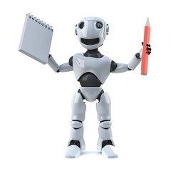 3d Robot has a pencil and notepad to take notes