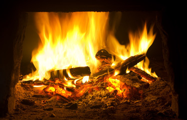 Fire in fireplace.