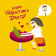 Loving businesswoman rewritten using a laptop in a cafe with a m