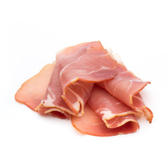 Slices of ham on white background.