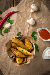 Concept of samosa on table. Top view