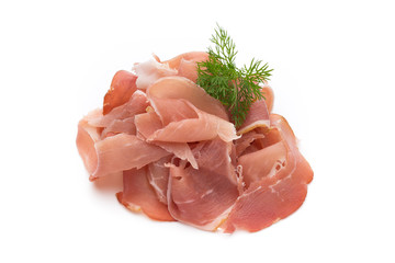 Slices of ham on white background.