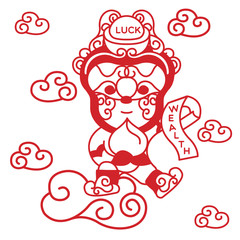 MONKEY ON THE CLOUD
An illustrate monkey flying on a cloud holding peach and paper wishing you wealth for the up coming year, year of monkey.