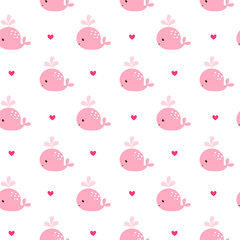 Cute background with cartoon pink whales. Baby shower design. Seamless pattern can be used for wallpapers, pattern fills, web page backgrounds,surface textures.