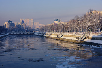 Bucharest, Romania – January 20, 2016: The Parliament Palace(People’s Palace) and Dimbovita River, during winter season.