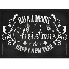 Fototapeta premium Vintage Merry Christmas And Happy New Year Card on Blackboard Background With Chalk Word and Floral Elements. 