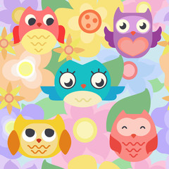 Seamless pattern with owls and flowers