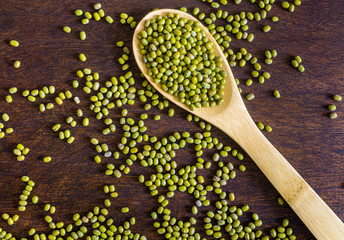 Dry uncooked mung beans in spoon on dark wooden background