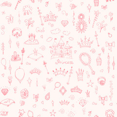 Seamless background hand-drawn vintage princess girl set, Doodle Design Elements, Sketchy Fairy Tale Princess Tiara Crown Notebook, Vector Illustration, for design and scrapbook © natashapankina