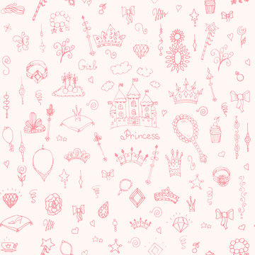 Seamless background hand-drawn vintage princess girl set, Doodle Design Elements, Sketchy Fairy Tale Princess Tiara Crown Notebook, Vector Illustration, for design and scrapbook
