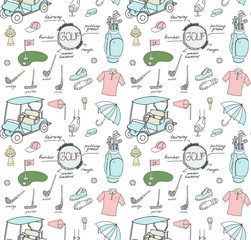 Fototapeta na wymiar Seamless background collection of various stylized hand drawn Golf icons, Golf Equipment vector illustration, golf clubs, golf course background, doodle elements, golf cart, clubs