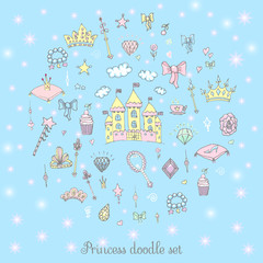 Hand-Drawn Vintage Princess Girl Set, Doodle Design Elements, Sketchy Fairy Tale Princess Tiara Crown Notebook, Vector Illustration, for design and scrapbook, castle, diamond, fairy mirror, magic wand