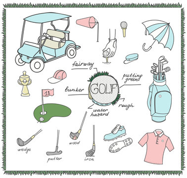 Collection of various stylized hand drawn Golf icons, Golf Equipment vector illustration, golf clubs, golf course background, doodle elements, golf cart, clubs, clothes and shoes sketch