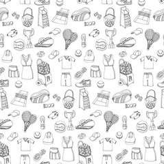 Tennis set background, hand drawn vector illustration of various stylized tennis icons, tennis equipment, tennis icons sketch, seamless background