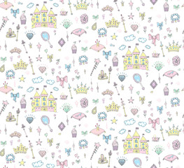 Seamless background Hand-Drawn Princess Girl Set, Doodle Design Elements, Sketchy Fairy Tale Tiara Crown Notebook, Vector Illustration, for design and scrapbook, castle, diamond, mirror, magic wand