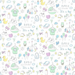 Seamless background of baby shower vector illustration icons, hand drawn baby care elements, it's a baby boy design icons children's boy clothing, toy, bib, nappy, carriage, socks, bottle, baby foot