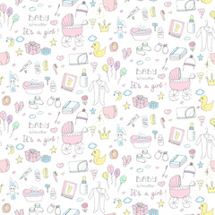 Seamless background of baby shower vector illustration icons, hand drawn baby care elements, it's a baby girl design icons children's girl clothing, toy, bib, nappy, carriage, socks, bottle, baby foot