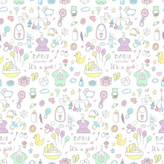 Seamless background of baby shower vector illustration icons, hand drawn baby care elements, it's a baby girl design icons children's girl clothing, toy, bib, nappy, carriage, socks, bottle, baby foot