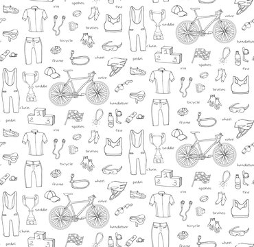 Seamless background bicycle equipment hand drawn set doodle vector illustration of various stylized bicycle icons bicycling equipment and accessories bicycling gear cycling cloth