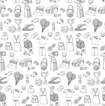 Tennis set background, hand drawn vector illustration of various stylized tennis icons, tennis equipment, tennis icons sketch, seamless background