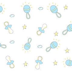 Seamless background of baby shower vector illustration icons, hand drawn baby rattle and pacifier, cloud, star doodle elements, it's a baby boy or girl design icons, sketch for children's design