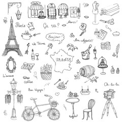 Set of hand drawn French icons, Paris sketch illustration, doodle elements, Isolated national elements made in vector. Travel to France icons for cards and web pages, Paris symbols collection
