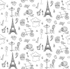 Seamless background, set of hand drawn French icons, Paris sketch illustration, doodle elements, Isolated national elements made in vector. Travel to France icons, Paris symbols collection © natashapankina