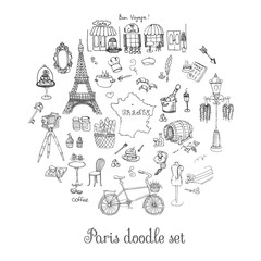 Set of hand drawn French icons, Paris sketch illustration, doodle elements, Isolated national elements made in vector. Travel to France icons for cards and web pages, Paris symbols collection