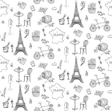 Seamless background, set of hand drawn French icons, Paris sketch illustration, doodle elements, Isolated national elements made in vector. Travel to France icons, Paris symbols collection