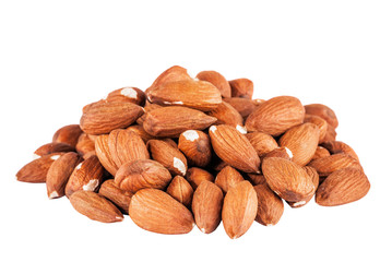Heap of peeled almonds isolated on white background