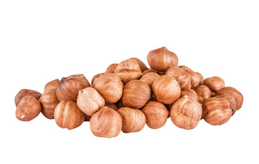 Heap of peeled filbert isolated on white background