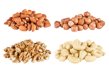 Set of  peeled  filbert, almonds, cashew, walnuts isolated on white background