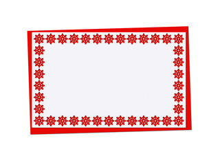 Christmas red card with space and christmas openwork, lacy, patten, rewattled ornament  isolated on white background