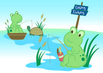 Fototapeta premium Two frogs fishing in a pond
