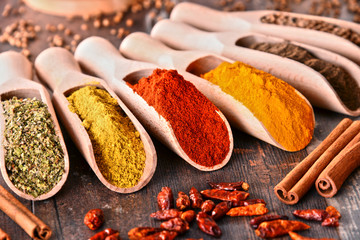 Variety of spices on kitchen table