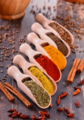 Variety of spices on kitchen table