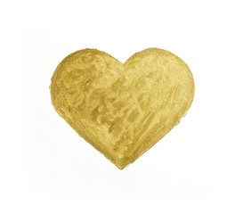 Painting of big golden heart over white background.